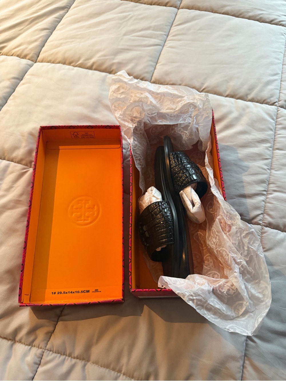 Tory Burch Black Embossed Slide Sandals w. Original New with Box size 8 1/2